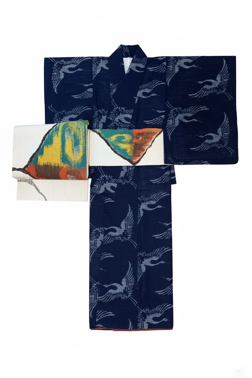 Cotton Kasuri Kimono Crane Pattern Lined Recycled