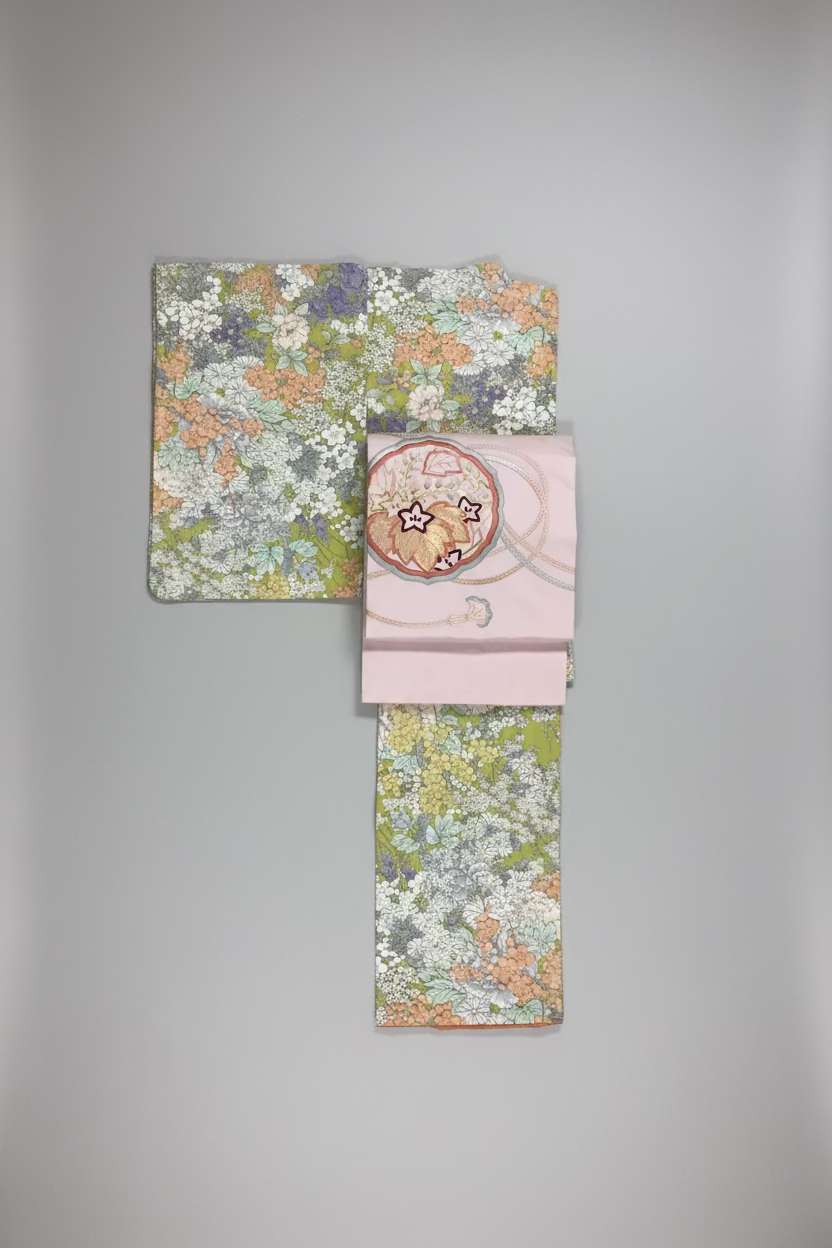 Komon Kimono and Nagoya Obi Set, Silk, Pre-owned