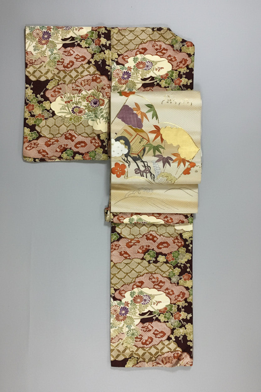 Komon Kimono and Chunyo Obi Set, Pure Silk, Pre-owned