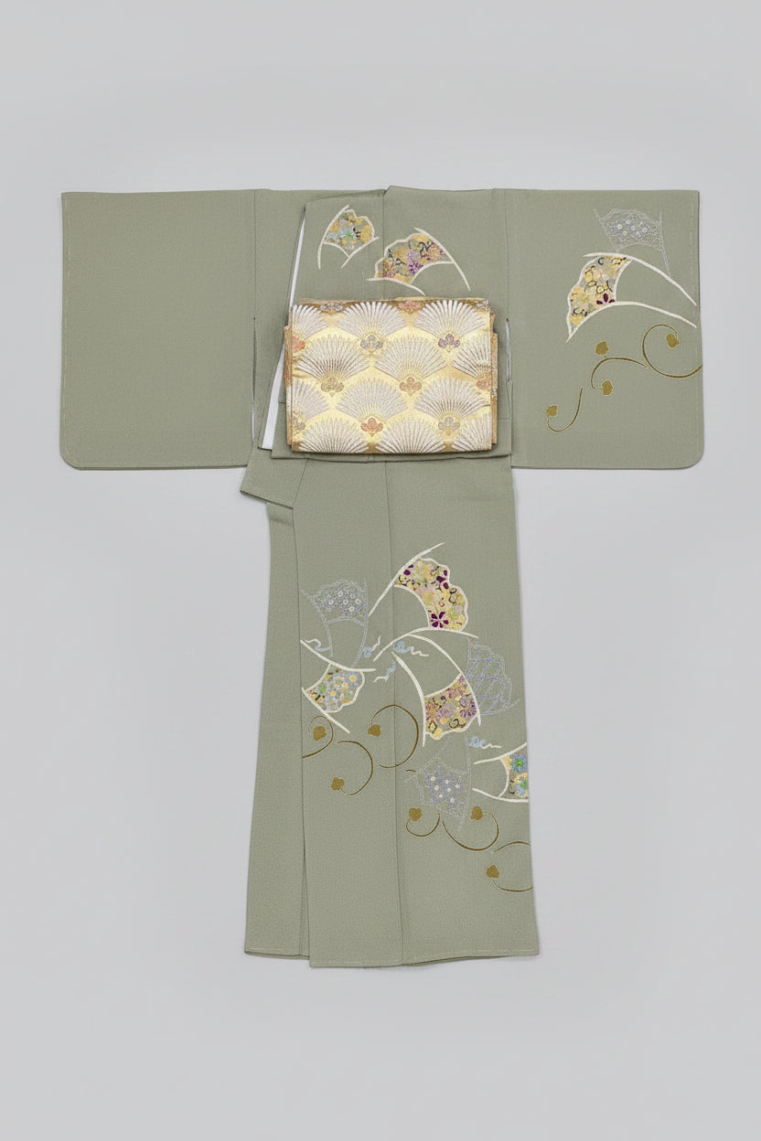 Houmongi Kimono, Chirimen Crepe, Lined, With Basting Stitches, New Old Stock