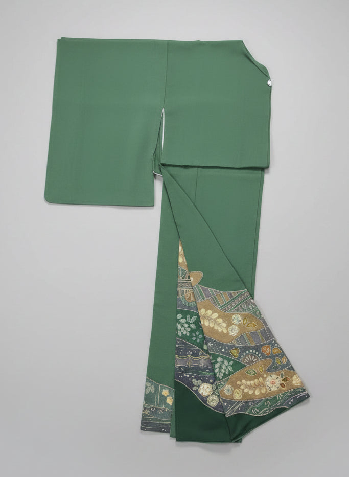 Irotomesode, One Crest, Tsujigahana Pattern, Hama Chirimen, Pure Silk, Recycled | Japanese Irotomesode Silk Vintage Tsujigahana
