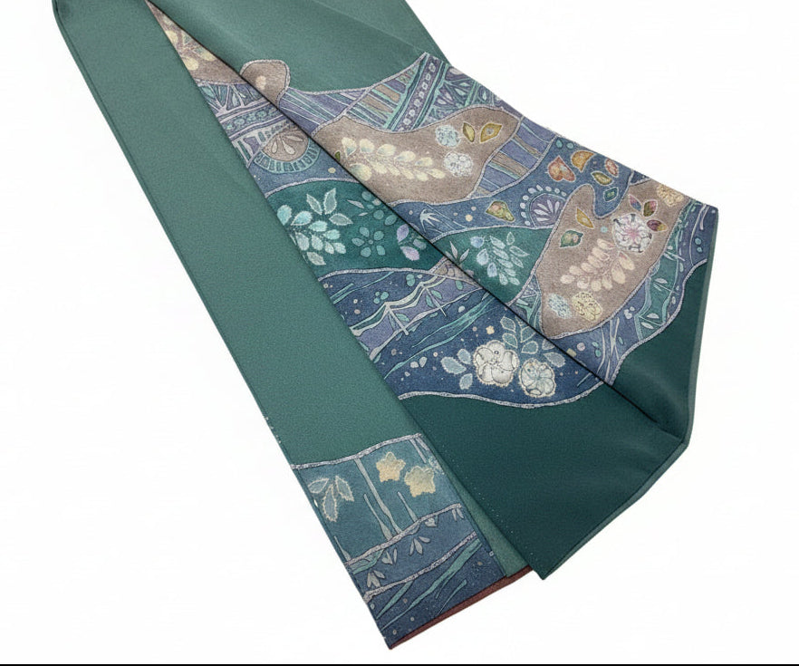 Irotomesode, One Crest, Tsujigahana Pattern, Hama Chirimen, Pure Silk, Recycled | Japanese Irotomesode Silk Vintage Tsujigahana