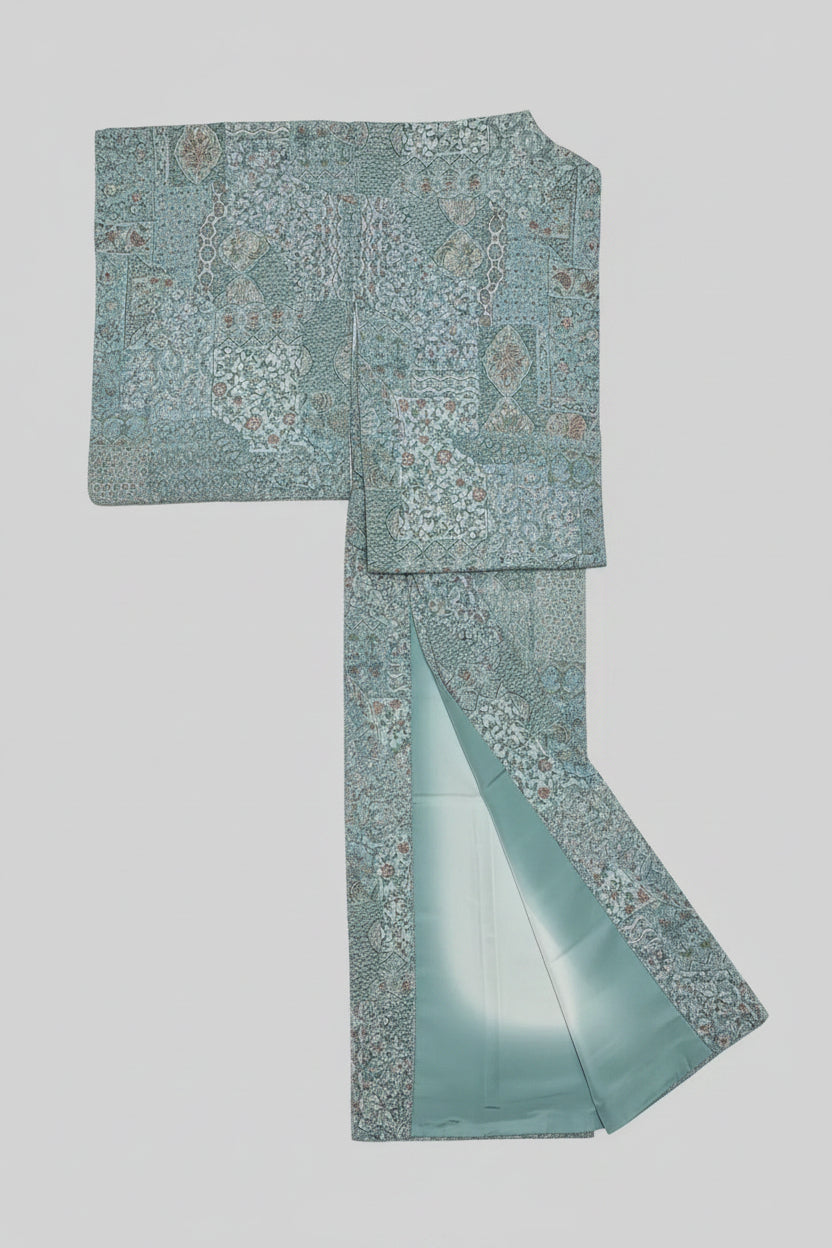 小紋 更紗調 縮繍 正絹 リサイクル | Japanese Komon Kimono Sarasa Chirimen Silk Vintage